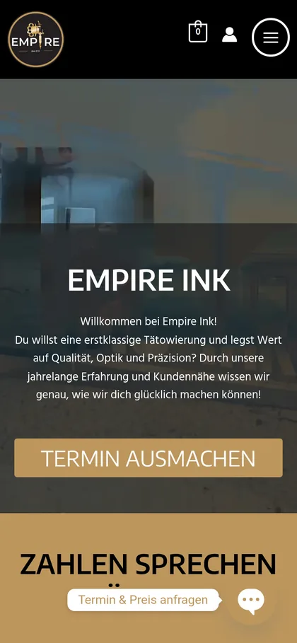 Mobile-Ansicht der Empire Ink Tattoo Website